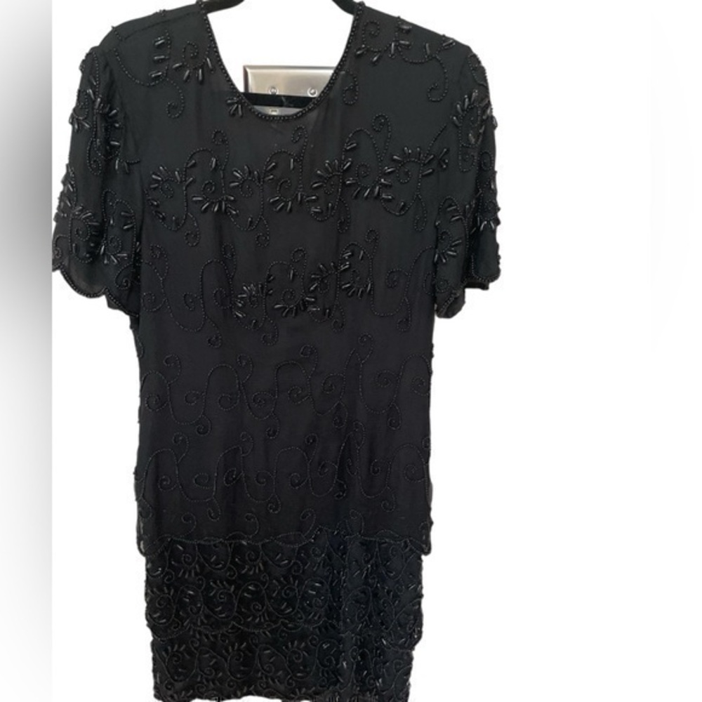 Vintage Beaded Stenay Silk Black formal tiered lined dress in size 10